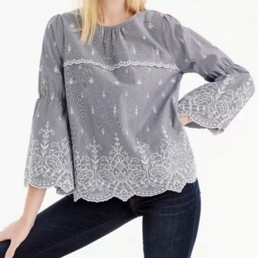 J. Crew Embroidered Striped Poplin Bell Sleeve Blouse Size XS